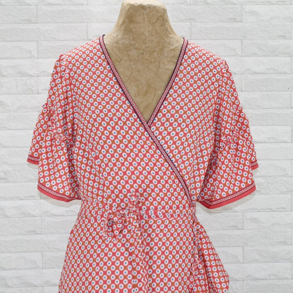 MAX STUDIO Dress Wrap Floral Abstract Daisy Retro Casual Ruffle Orange White L - Picture 3 of 17